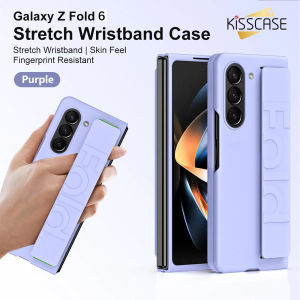 Kisscase với đàn hồi có dây đeo cổ tay gấp vỏ điện thoại cho Samsung Galaxy Z gấp 6 5g da mờ cảm giác bao gồm tất cả cứng PC chống mùa thu vỏ lưng chống sốc cho Galaxy Z gấp 6