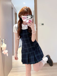 PEIZIXUAN | French College Style Plaid Overalls White Dress