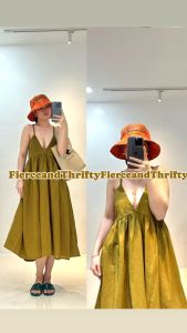 PAISLEY COTTON LINEN SMOCKING BACK V NECK MIDI DRESS