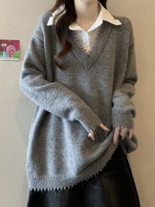 Loose Knitted Sweater Spring Style Womens Polo Collar Patchwork Comfortable Soft Fabric Mid-Length Casual Top plus Size
