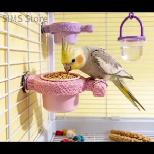 Resin Parrot Perch Claw Grinding Stick with Food Cup Bird Stand Toy Rest & Feeding Perch for Budgie Cockatiel Lovebird