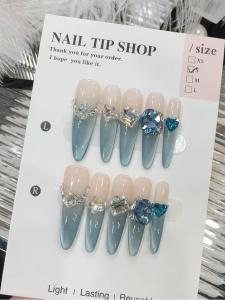 Handmade Blue Mystery Cat Eye Drill Flashing Wearable Nail Art French Gradient High-End Feeling Nail Pieces Pure Handmade Beauty