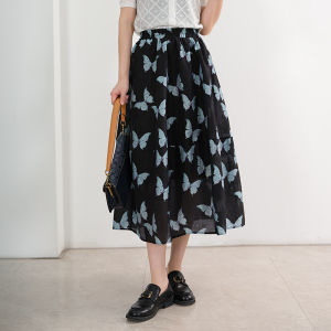 Shalldoer | Fashionable Anti-Aging Butterfly Print Midi Skirt Womens A-Line Mid-Length Summer High-End Feelings Floral Patterned Skirts