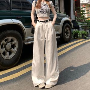 กางเกงยีนส์ขากว้างเอวสูงสีขาว ทรงหลวม ทรงหลวม ทรงย้อนยุค สไตล์อเมริกัน กางเกงขายาวถึงพื้น สำหรับผู้หญิง