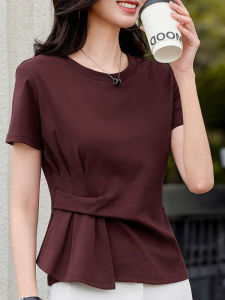 Irregular Hem Short Sleeve Tshirt Concealing Shoulder Fitting Stylish