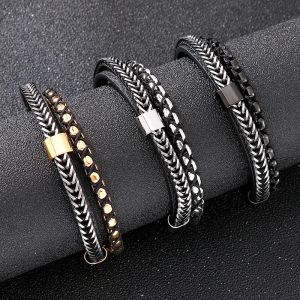 Kemstone Stainless Steel Multi-Layer Leather Woven Chain Magnetic Snap Bracelet for Men