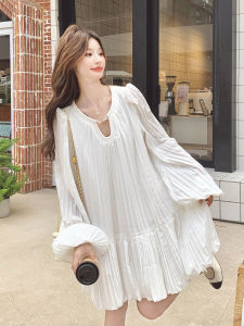 Fashionable Midi Skirt Dress Womens Autumn New Style Casual Long Sleeve Pleated Midi Dress in Beige Color Fresh And Breathable
