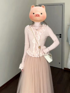 Korean Style Pink A-Line Dress Womens Skirt Set Early Autumn New High Waist Gathered Long Sleeve Slimming Homecore Dress