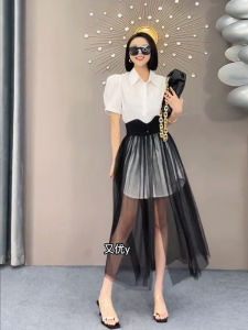 Váy Lưới Xếp Ly Cạp Cao Thời Trang Mùa Hè 2025 Cho Nữ Váy Midi Dài Vừa Phải Màu Đen Váy Xếp Ly Đa Năng Bằng Polyester