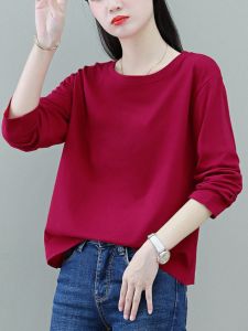 Pure Cotton Long Sleeves T-Shirt Womens 2024 Spring and Autumn Pure Color K-style Small Loose Crop Top Bottoming Shirt Fashion