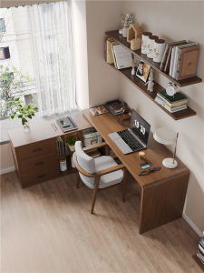 Solid Wood Corner Computer Desk Corner L-Shaped Desk Bookshelf Bookcase Integrated Desk Student Household Study Table