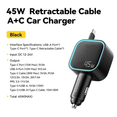 ESSAGER 45W Car Charger PD Fast Charging with Retractable 75CM Cable 3 Ports USB C & a Adapter for iPhone 17/16/15 Huawei iPad