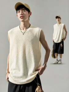 SZON | Mens American Style Textured Knit Vest Casual Pure Color Outer Wear Loose Breathable Summer