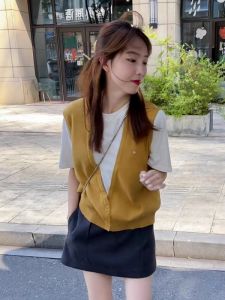 plus Size Knitted Vest Fake Two-Piece Shoulder-Length Short Sleeve Womens T-Shirt Belly Covering Slimming Top Casual Style