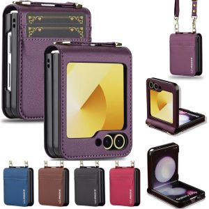Crossbody Cards Solt Wallet Leather Case For Samsung Galaxy Z Flip 7 FE 6 5 4 3 5G Flip6 Flip7 Hand Strap Lanyard Pocket Cover