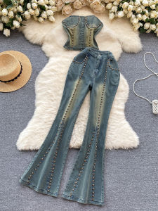 Bộ Đồ Denim Gợi Cảm Phong Cách Mỹ Cổ Điển Dành Cho Nữ Thiết Kế Đính Hạt Áo Hở Lưng Quần Ống Loe Cạp Cao Thời Trang Xuân 2024