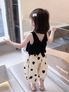 Girls Summer Vest Strap Set Loose Polka Dot Wide Leg Pants Lantern Pants Cotton round Dot Princess Style Childrens Clothing