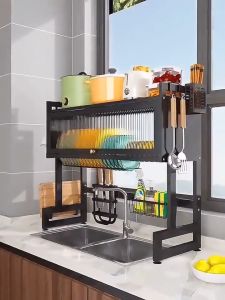 Bottom Price! Metal Dish Cabinet Rack Dustproof Sink Rack With Cabinet Door Multi-functional Plate Drying Storage Kitchen Organizer