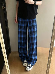 ZHUOCAN | American Blue Check Cleanfit Wide Leg Trousers