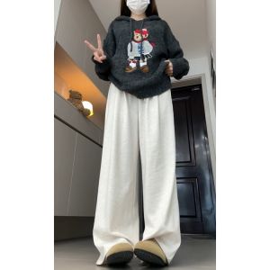 Cozy Knitted Wide Leg Pants Womens High Waist Thickened Fleece Warm Trousers Autumn 2024 New Style Casual Pants