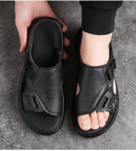 HMBUII Bull Leather Sandals Mens Summer 2024 Casual Beach Shoes Outdoor Two-use Slip-On Slippers Breathable Thicken Rubber Sole