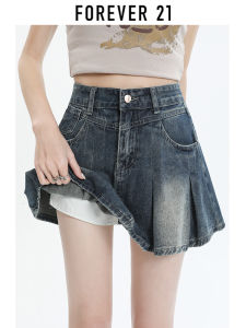 Forever21 | Chân Váy Jeans Ngắn Xếp Ly Cao Đài Màu Xanh Retro