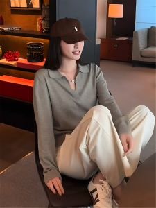 เสื้อเชิ้ตคอปกสีเทาสไตล์เกาหลีสำหรับผู้หญิงในฤดูใบไม้ร่วง เสื้อชั้นในแบบเรียบง่าย แขนยาว สวมใส่สบาย เส้นใยโพลีเอสเตอร์