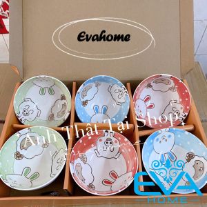 Bộ 6 Chén Sứ Hoạ Tiết Hình Thú Kawaii Phong Cách Nhật Tặng Kèm 6 Đôi Đũa Tre Cao Cấp