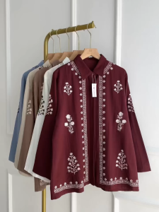 SABRINA FASHION - Luna Blouse Atasan Kemeja Wanita Motif Bordir Lengan Panjang Katun Linen Jumbo