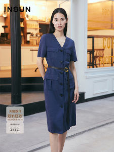 Insun Summer Workwear Style V-Neck Cotton Linen Dress Casual High Waist H-Shape Midi Skirt Single Button Closure Short Sleeve