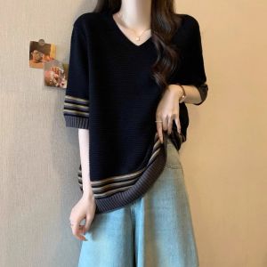 WANGGONGZHU | Princess Style Ice Silk Stripe Knitwear V-Neck Summer Top Slimming Belly Covering Fashionable Plus Size Womens Clothing