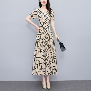 Impression Fashion Women Elegant Chiffon Slim Floral Print V-neck Short Sleeve Tunic A-line Big Pleated Swing Plus Size Long Dress