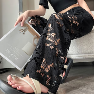 Early Spring New Lace Slim Wide Leg Straight Jeans Womens Hollow out Fashionable Versatile Elastic Loose Jeans