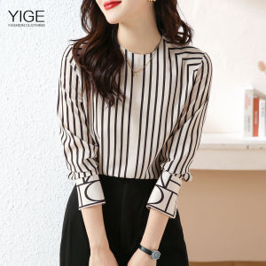 YIGE Large size womens 2022 early autumn new fashion elegant thin collision colour striped female blouse female fashion silk shirt female tops