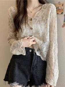 2026 New French Style Lace Hollow Out Long Sleeve Top