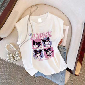 Summer New Style Pure Cotton Sleeveless T-Shirt Vest for Girls Cartoon Fun Design Big Kids Fashionable Top round Neck
