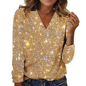 Áo Kiểu Nữ Đính Sequin Cổ Chữ V Dài Tay Thoáng Khí Thời Trang Giản Dị Áo Thun Cho Bữa Tiệc Câu Lạc Bộ Đi Làm Áo Sơ Mi Mùa Hè