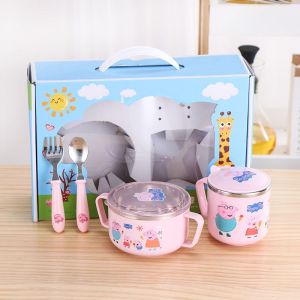 Heat Resistant Anti Scalding Baby Bowl Cartoon Childrens Dishware Set Stainless Steel 304 Double Earled Covered Bowl Gift