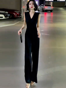 SHANGSHA | Stylish Elegant Lady Boss Feel High Waist Slimming Black Jumpsuit