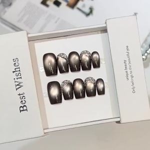 10pcs Mandala Style Glass Beads Cat Eyes Rhinestone Press On Nails Handmade False Nails with 3D Design for Women Party Wedding