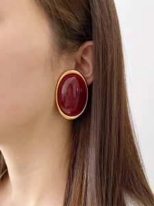 Vintage Wine Red Glass Oval Simple High-End Feelings No Piercing Clip-On Earrings Fashionable Jewelry for Women