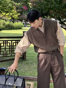 Mens Polo Collar Knitted Vest Sleeveless Turn-down Collar Light Maturity Style Korean Version Autumn Spring Unbranded Standard Fit Polyester Youth Fashion