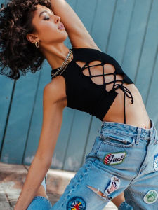 Sleeveless Drawstring Hollowed out Short Top Womens Knitted Hollow out Design Rope Tied Bustier Street Style Polyester