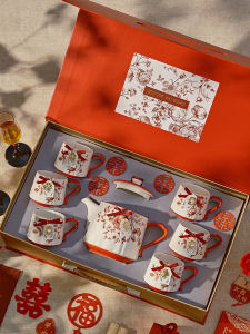 Wedding Gift Tea Pot And Tea Cup Set for Bride And Groom Practical High End Red Color Romantic Chinese Style Marriage Ceremony Supplies