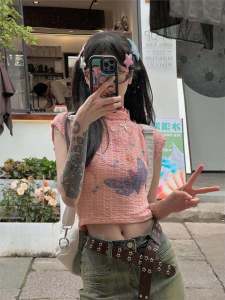 Áo Thun Nữ Mùa Hè Y2K Pure Desire Hot Girl Áo Vest Ngắn Không Tay Cổ Cao Hở Bụng Dopaamine Style Thời Trang Đường Phố