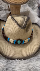 หมวกคาวบอยฟางสาน ตกแต่งสายคาดหินฟ้าเทอร์ควอยซ์ งานดีมีระดับ ปีกกว้าง ระบายอากาศดี 05-X0E+00HAT07