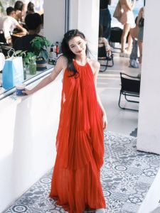 Váy Dài Không Tay Hở Lưng Gợi Cảm Đi Biển Mùa Hè 2024 Váy Hai Mảnh Phong Cách Nữ Tính Váy Midi Polyester Dài