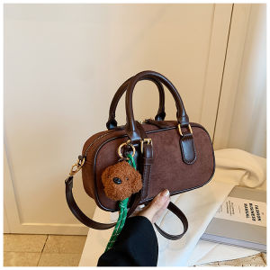 Fashionable Shoulder Bowling Bag Womens Crossbody Handbag Velvet Leather Soft Bag Modern Neutral Style Polyester Lining