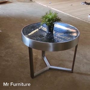 Meja Tamu Bulat Top Marmer Hitam Kaki Stainless