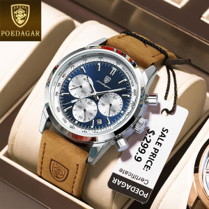 Swiss brand POEDAGAR waterproof watch for men original genuine leather multifunctional chronograph calendar luminous quartz watch